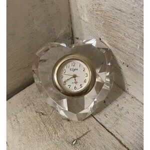 Vtg Elgin Clear Crystal/Gold Heart Shaped Figurine Quartz Clock NEEDS battery
